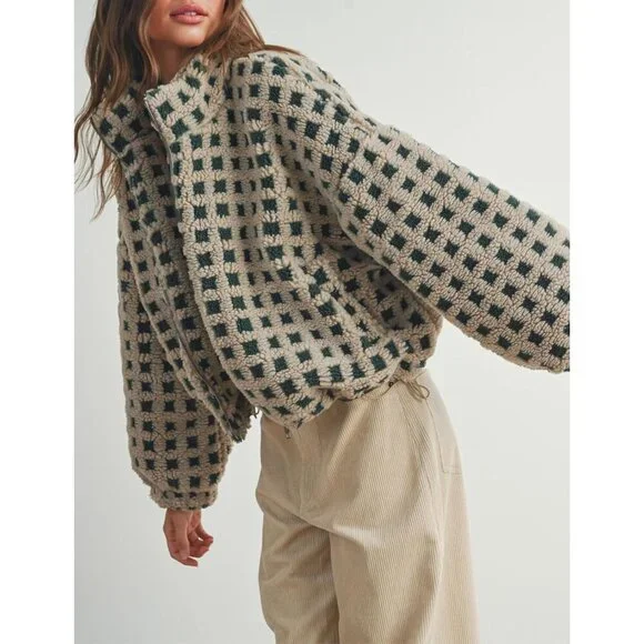 Women green Cropped Sherpa Fleece Plaid Jacket Chunky Outerwear - Picture 6 of 7